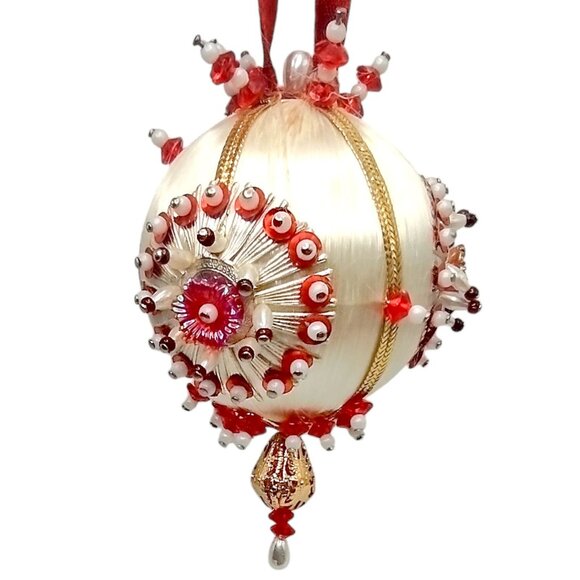 Vintage Beaded Push Pin Ornament Red Jewel White Satin Gold Silver Pearl 4" MCM - Picture 6 of 8